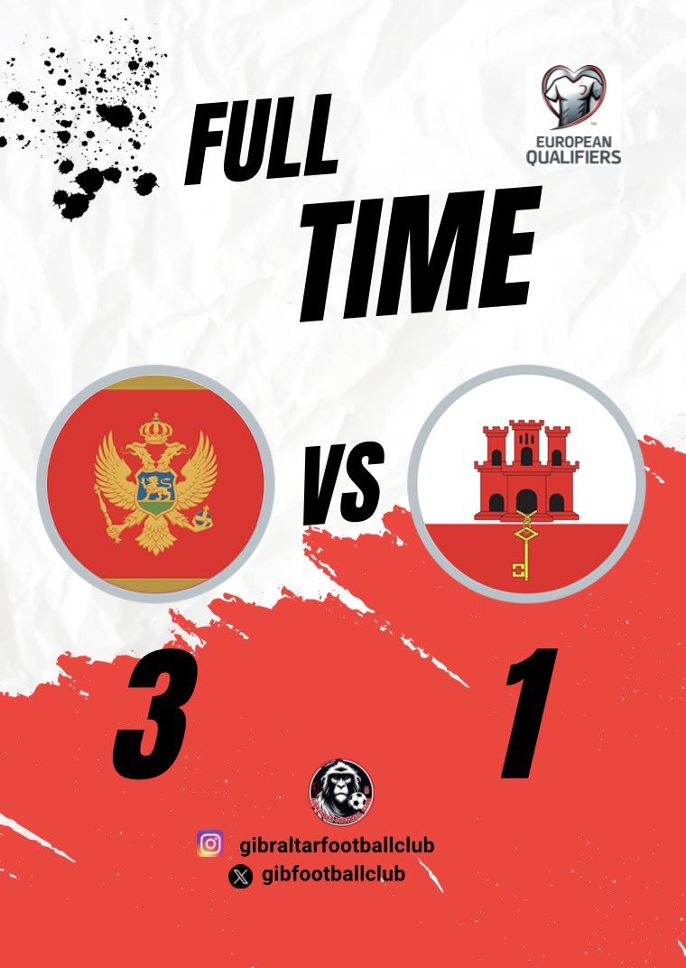 ❌⚽️🇬🇮 FULL-TIME | 

A high energy Gibraltar performance ends in defeat in Niksic. 

13’ ⚽️ <a href="/DanBent/">Dan Bent</a> 

22’, 70’ and 73’ ⚽️ 🇲🇪

#GFA #gibraltarfa #montenegrovsgibraltar #niksic #europeanqualifiers #europeanqualifiers2025