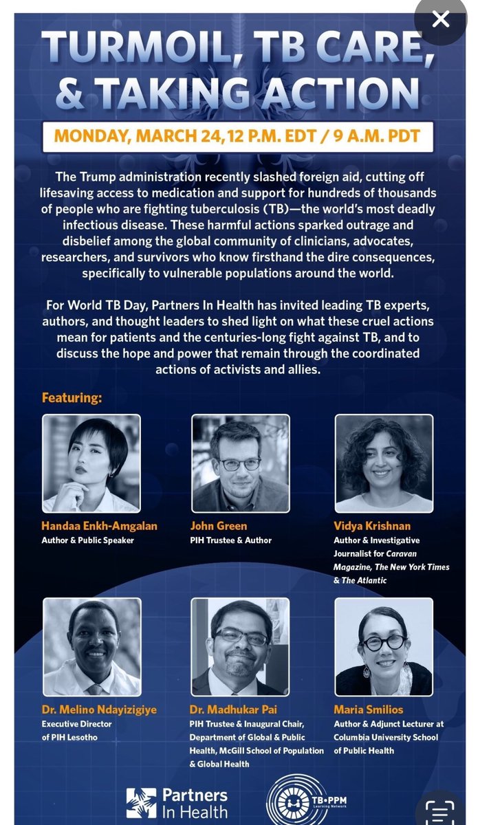 Maria Smilios (@mariasmilios) on Twitter photo Monday is world TB day š«
Join me and these extraordinary people as we discuss the repercussions by Trumpās cuts, the global impact, and offer hope for the future
Time: 12 pm EDT / 9 am PDT
RSVP: bit.ly/3XO86iQ
<a href="/VidyaKrishnan/">Vidya</a> @paimadhu <a href="/PIH/">Partners In Health</a> <a href="/NftwtAgainstTB/">Nerdfighters Against Tuberculosis</a> Monday is world TB day š«
Join me and these extraordinary people as we discuss the repercussions by Trumpās cuts, the global impact, and offer hope for the future
Time: 12 pm EDT / 9 am PDT
RSVP: bit.ly/3XO86iQ
<a href="/VidyaKrishnan/">Vidya</a> @paimadhu <a href="/PIH/">Partners In Health</a> <a href="/NftwtAgainstTB/">Nerdfighters Against Tuberculosis</a>