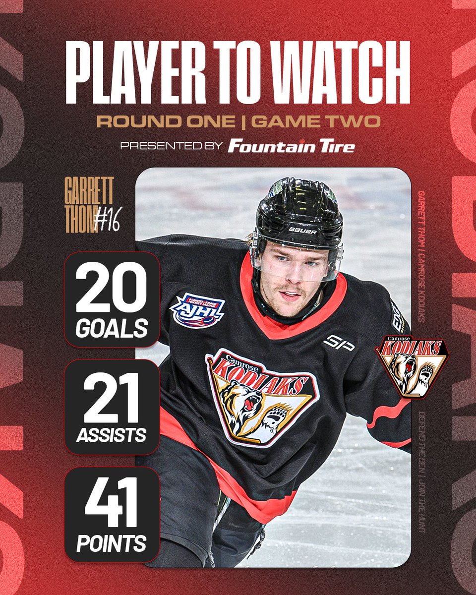 Player to Watch presented by <a href="/FountainTire/">Fountain Tire</a> 

Thom comes into this game after earning the Kodiaks Top Scorer award earlier this week. Thom kicked off the scoring in Game 1 and is now your player to watch in Game 2. 

#DefendTheDen #AJHLPlayoffs