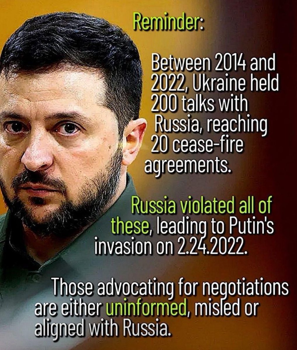 rshereme's tweet photo. Reminder: 
 
Between 2014 and 2022, Ukraine held 200 talks with russia, reaching 20 cease-fire agreements.
 
Russia violated all of these, leading to Putin's invasion in 2022.
 
Those advocating for negotiations are either uninformed, misled or aligned with russia. https://t.co/VRScwYddoA