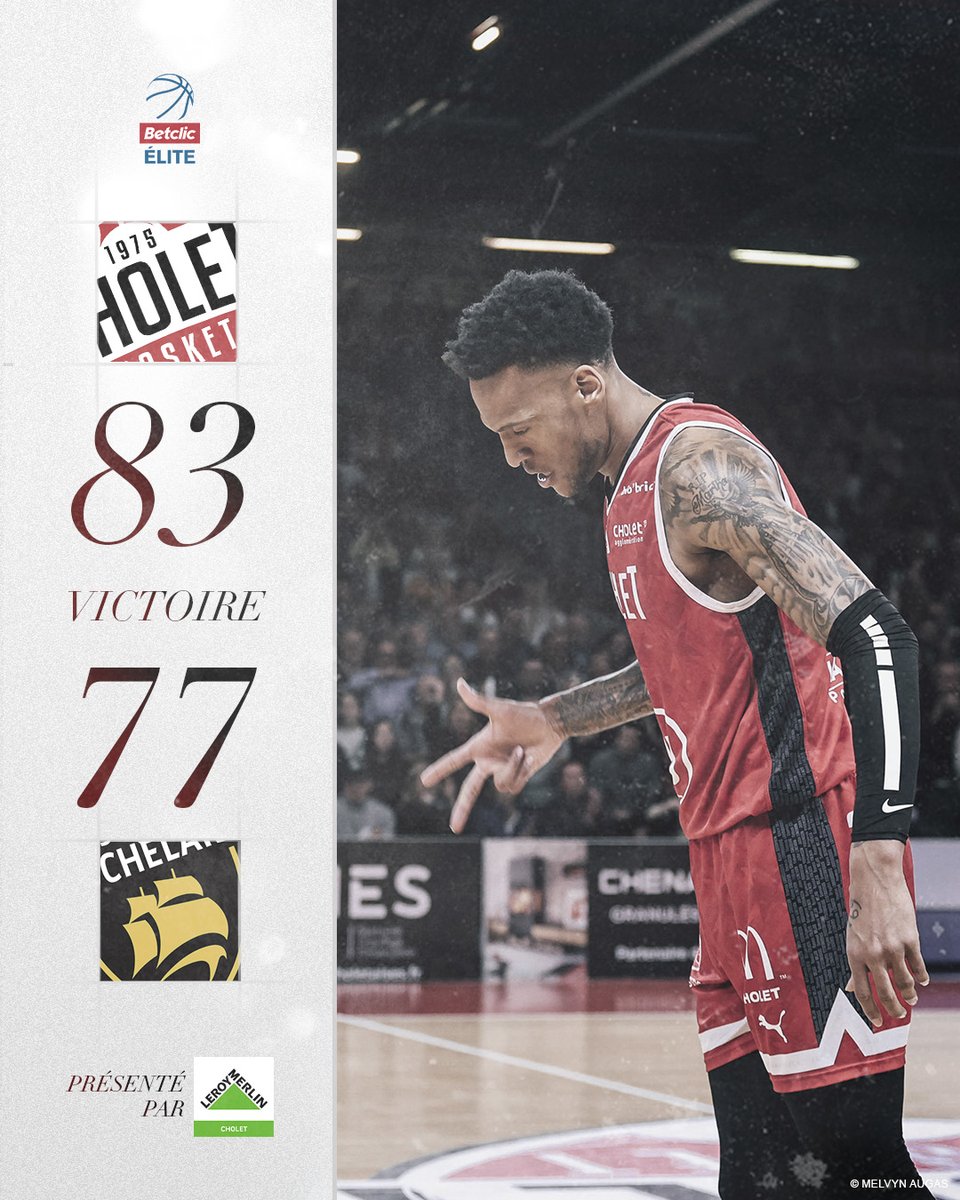 CB_officiel's tweet photo. Au bout d'un match haletant et grâce à un Cleveland Melvin III "on fire" dans le dernier quart-temps, Cholet Basket décroche sa 17e victoire de la saison face à une valeureuse équipe de La Rochelle.
Bravo CB !
#CBSR #CBFAMILY https://t.co/PVV2p1WrOr