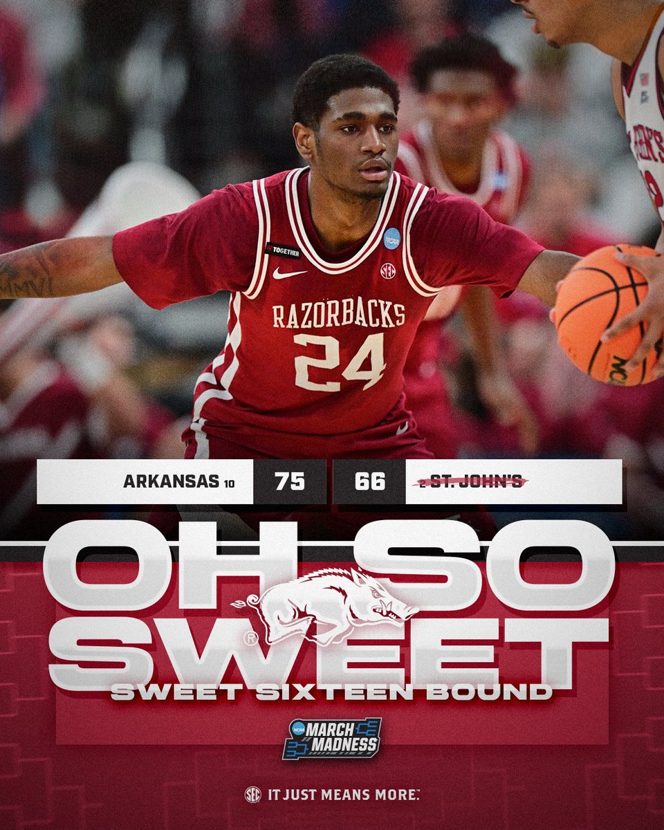 SEC's tweet image. OH SO SWEET. 🐗

@RazorbackMBB knocks off No. 2 St. John's to book a spot in the Sweet 16!

@MarchMadnessMBB x #ItJustMeansMore