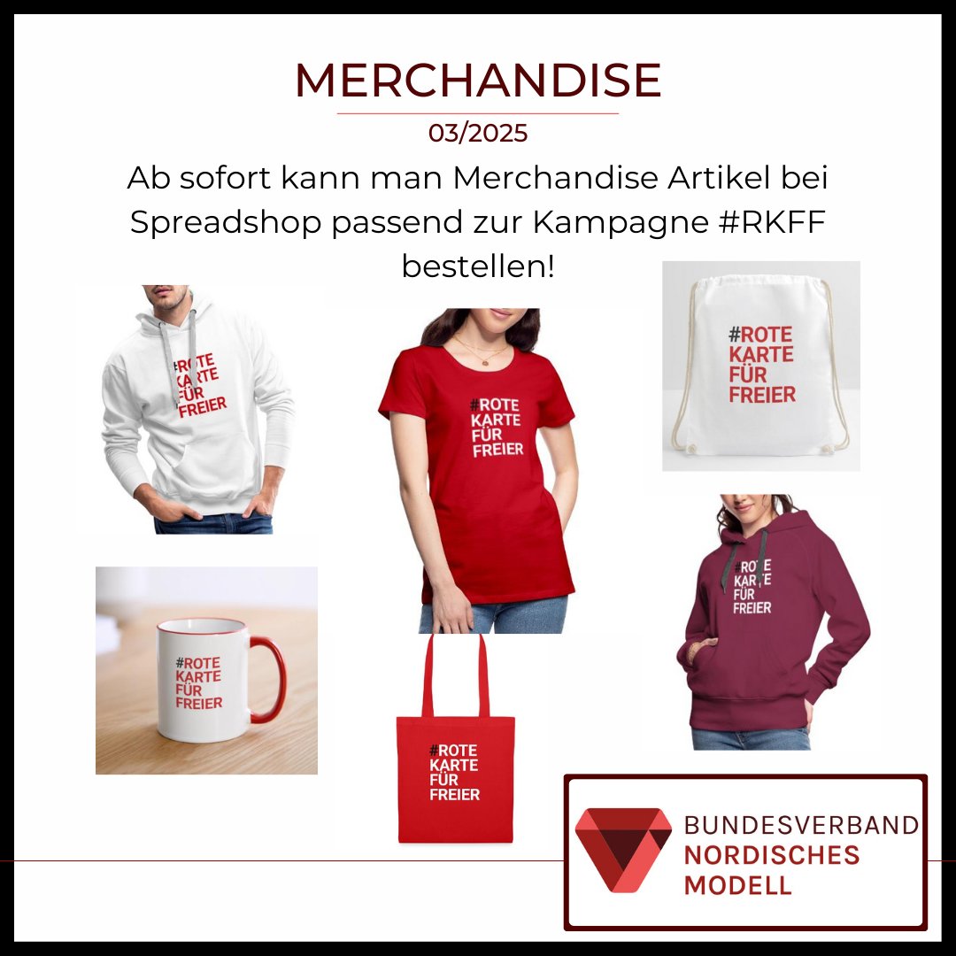 Ab sofort kann man tolle Kleidung und Merchandise Produkte passend zu unserer Kampagne #RoteKartefürFreier kaufen.
👉 Bis zum 02. April gibt es 25% Rabatt!
nordisches-modell.myspreadshop.de/all
#BundesverbandNordischesModell #prostitution #Spreadshop #sexkaufverbot #rkff #nordischesmodelljetzt