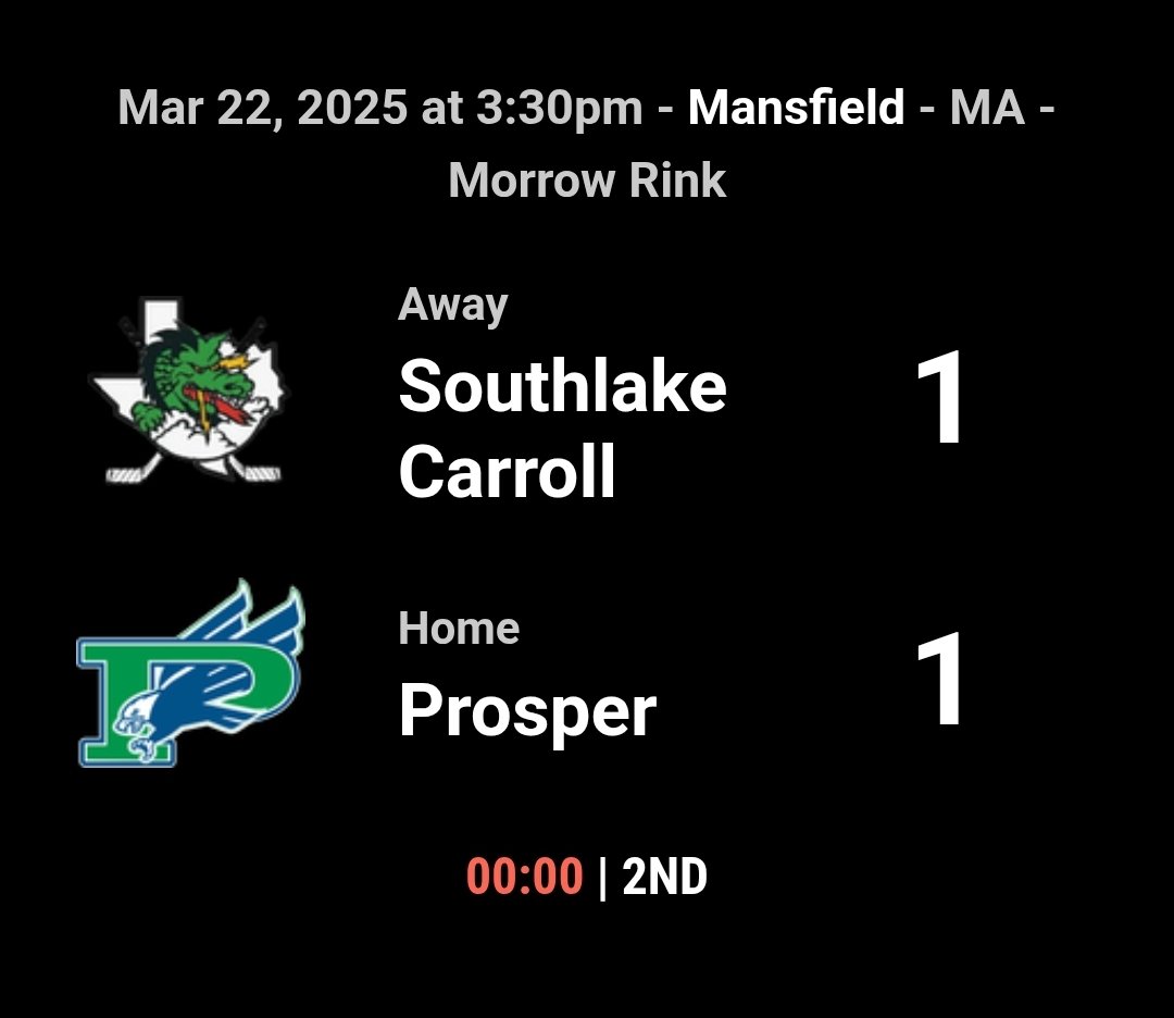 *** State Championships Game 3 ***
End of 2nd 
A back and forth 2nd had Proper out shot 10-4 but the game is still tied. 
#GoProsper <a href="/ProsperHS/">Prosper High School</a> <a href="/RockHillHS/">Rock Hill High School</a> <a href="/WalnutGroveHS/">Walnut Grove High School</a> <a href="/RockHillMedia/">Rock Hill Media</a> <a href="/EagleNationNews/">Eagle Nation Network</a> <a href="/TheGroveMedia/">Grove Media</a> <a href="/ProsperISD/">Prosper ISD</a>