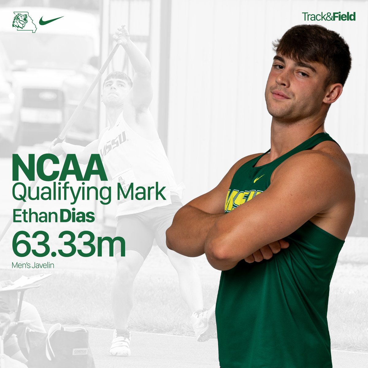 Ethan Dias takes 2nd place in the men's javelin with a personal best and NCAA Qualifying Mark of 63.33m! 🦁