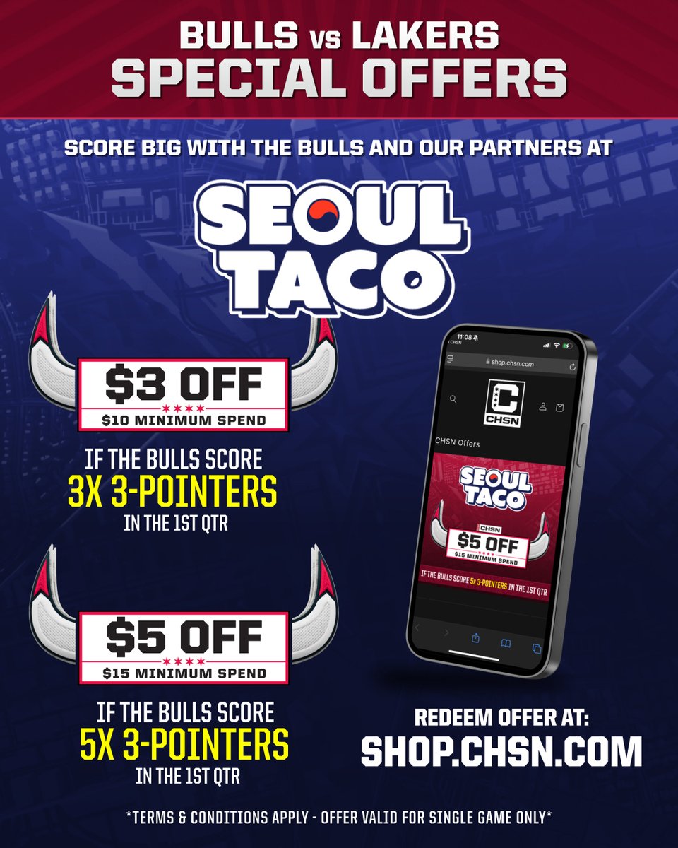 Bulls on CHSN (@chsn_bulls) on Twitter photo 🔥 Bulls. Lakers. Seoul Taco. Let’s make it a night.
If the Bulls hit 3 threes in the 1st quarter, you unlock $3 off at <a href="/SeoulTaco/">SEOUL TACO | 🌮 Korean-Mexican Street Fare</a>. If they drop 5 threes, it jumps to $5 off.
No catch. No cost. Just sign up and watch the game.
✔ Free to enter
✔ Valid at all Chicago Seoul Taco 🔥 Bulls. Lakers. Seoul Taco. Let’s make it a night.
If the Bulls hit 3 threes in the 1st quarter, you unlock $3 off at <a href="/SeoulTaco/">SEOUL TACO | 🌮 Korean-Mexican Street Fare</a>. If they drop 5 threes, it jumps to $5 off.
No catch. No cost. Just sign up and watch the game.
✔ Free to enter
✔ Valid at all Chicago Seoul Taco