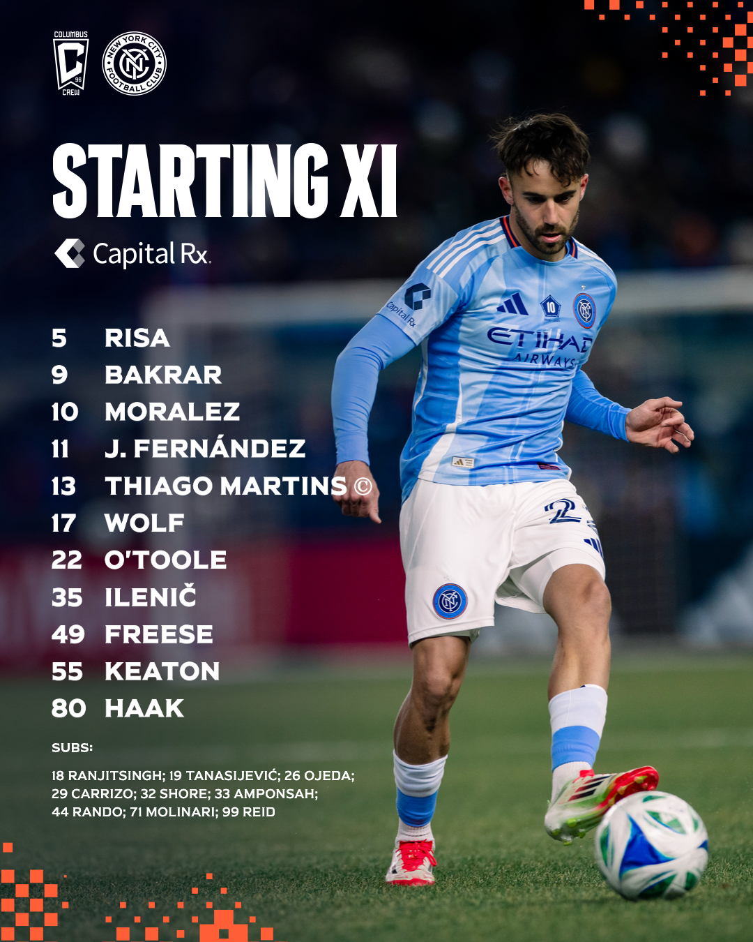 XI: Bakrar, J. Fernández, Freese, Haak, Ilenič, Keaton, Thiago Martins (captain), Morales, O'Toole, Risa, Wolf.

Subs: Amponsah, Carrizo, Molinari, Ojeda, Rando, Reid, Ranjitsingh, Shore, Tanasijević.
