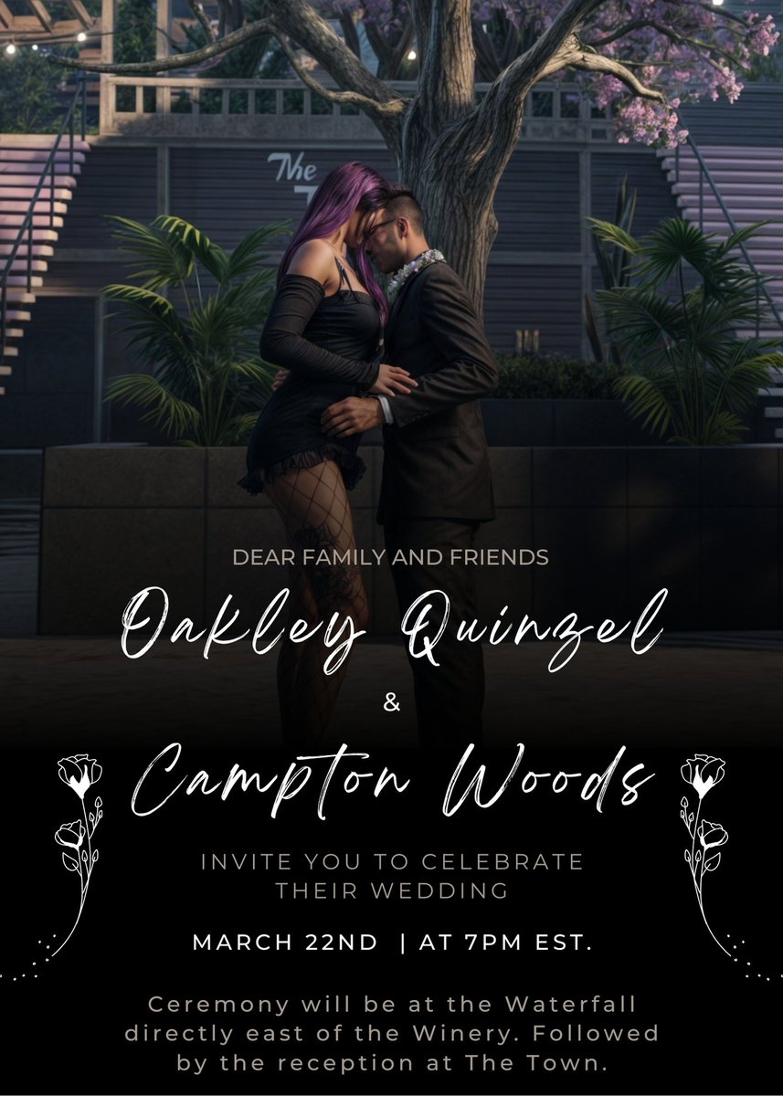 playfusionrp's tweet photo. Oakley Quinzel &amp; Campton Woods
Joyfully invite you to share in their love
as they unite in marriage! Come celebrate with us at FusionRP!! https://t.co/BTfJLogSjz