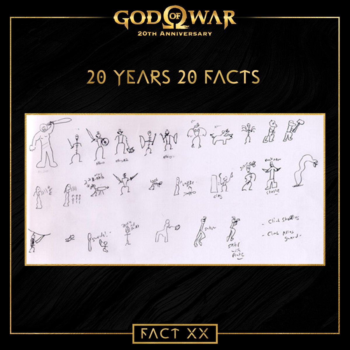 Before the enemy characters of God of War took shape, they started as… stick figures!

Director David Jaffe sketched the entire enemy cast of God of War on a whiteboard in simple stick-figure form. The team then took those rough doodles and transformed them into the brutal,