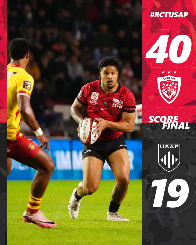 [⏱80'] 40-19
𝐕𝐈𝐂𝐓𝐎𝐈𝐑𝐄 ✅

Nos 🔴&amp;⚫ gardent Mayol imprenable en s'imposant avec le bonus offensif face à l'USAP !

Cette victoire est pour toi Nicolas ❤️🖤

#ParceQueToulon #RCTUSAP #MerciNico