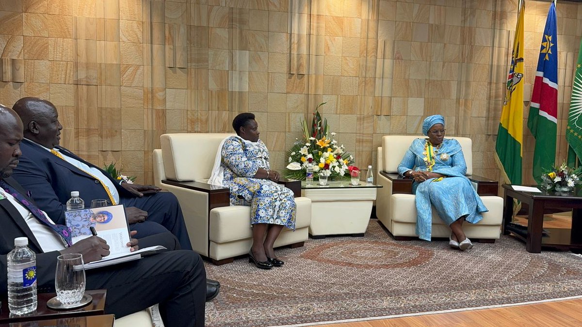Yesterday, Vice President H.E. Maj. (Rtd) Jessica Alupo met with Namibia's pioneering first female president, H.E. Netumbo Nandi-Ndaitwah, at State House in Windhoek, shortly after her historic inauguration. H.E. Alupo delivered a special written message of support and
