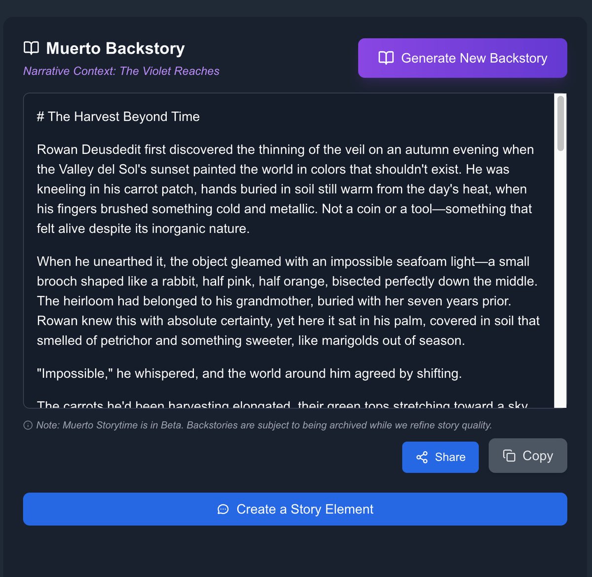 [passing beer to my best crypto bro] I go to <a href="/StoryElementAI/">StoryElement.ip</a> to choose one of my muertos to create some backstory. Generate! The World Scholar versed in lore handles everything from here...