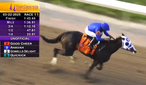 La invicta GOOD CHEER (22, Medaglia d'Oro) resolvió a su favor las FAIR GROUNDS OAKS (G2, 1700m, US$400.000) y aseguró cupo en las Kentucky Oaks (G1, Churchill Downs, mayo/02). Brad Cox presentó a la pupila de Godolphin. Luis Sáez le llevó a su 6º triunfo.