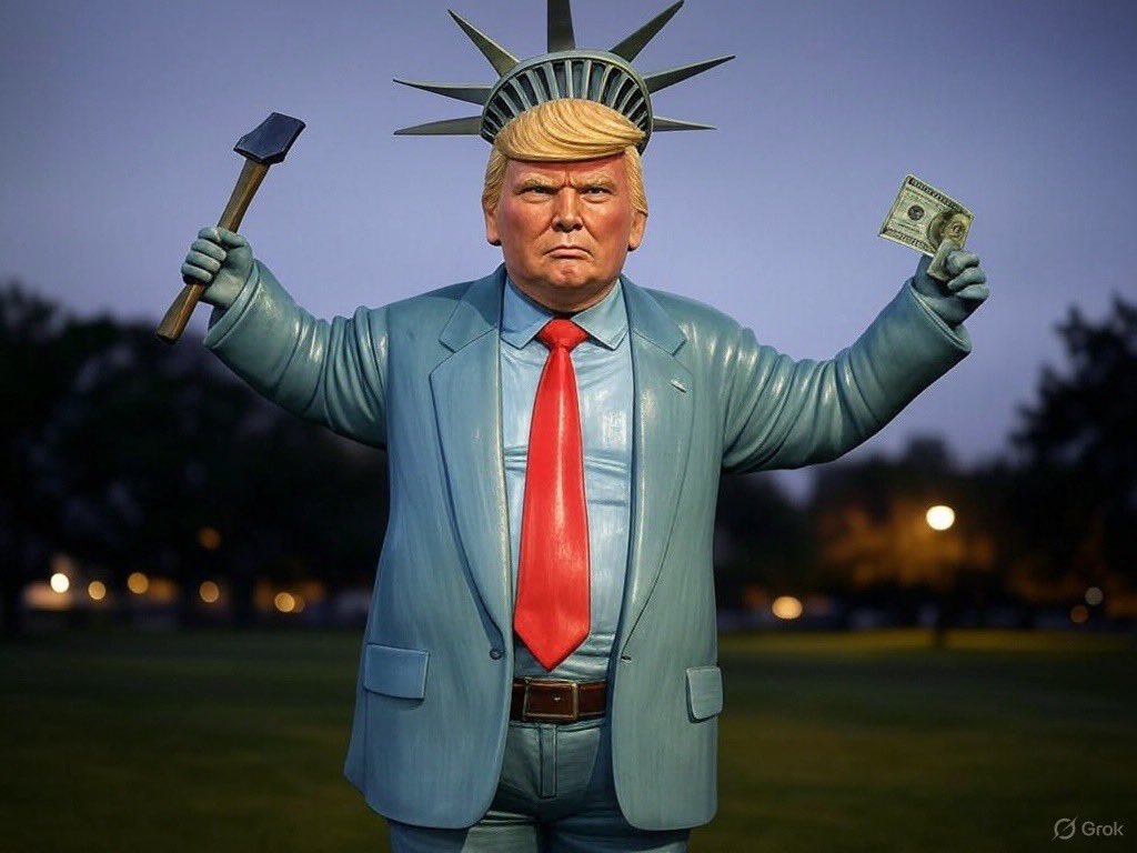 大半夜的被一个电话吵醒
接起来一看，是鲁比奥
上来就火急火燎的：
“哥们，我有大麻烦了
法国人要把自由女神像🗽要回去了，
这可怎么办？那可是美国的象征啊～”

我：
“哎，多大点事儿，
再造一个川普像立在那里不就好了？
就叫 
—— Statue of Peace
正好，这个项目我接了～”