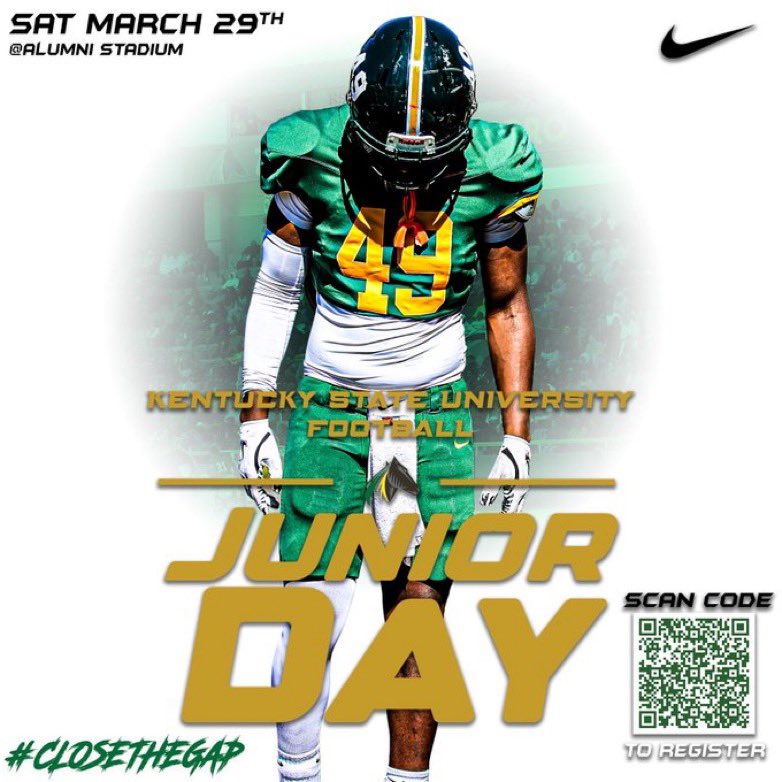 Marco Sanchez (@coach_msanchez) on Twitter photo 1️⃣ Week away from getting to meet many great players coming to 𝐓𝐡𝐞 𝐂𝐚𝐩𝐢𝐭𝐚𝐥 to check out what we have going on <a href="/KYSUFB/">Kentucky State University Football</a>‼️🟢🟡🐎🧃
#CloseTheGap #BredDifferent
Scan the code to pre-register!! 1️⃣ Week away from getting to meet many great players coming to 𝐓𝐡𝐞 𝐂𝐚𝐩𝐢𝐭𝐚𝐥 to check out what we have going on <a href="/KYSUFB/">Kentucky State University Football</a>‼️🟢🟡🐎🧃
#CloseTheGap #BredDifferent
Scan the code to pre-register!!
