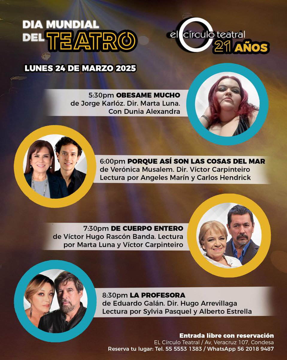Festejar el Día Mundial del Teatro y el aniversario de 
 El Círculo Teatral es un gozo 
Gracias por permitirme participar siempre, Alberto Estrella (Actor) y <a href="/v_carpin/">Víctor Carpinteiro</a>
 ❤️🎭❤️
Un gran elenco, los esperamos!!! 
“Viva el Teatro”
Reserva, 📞5555531383 
Entrada gratuita