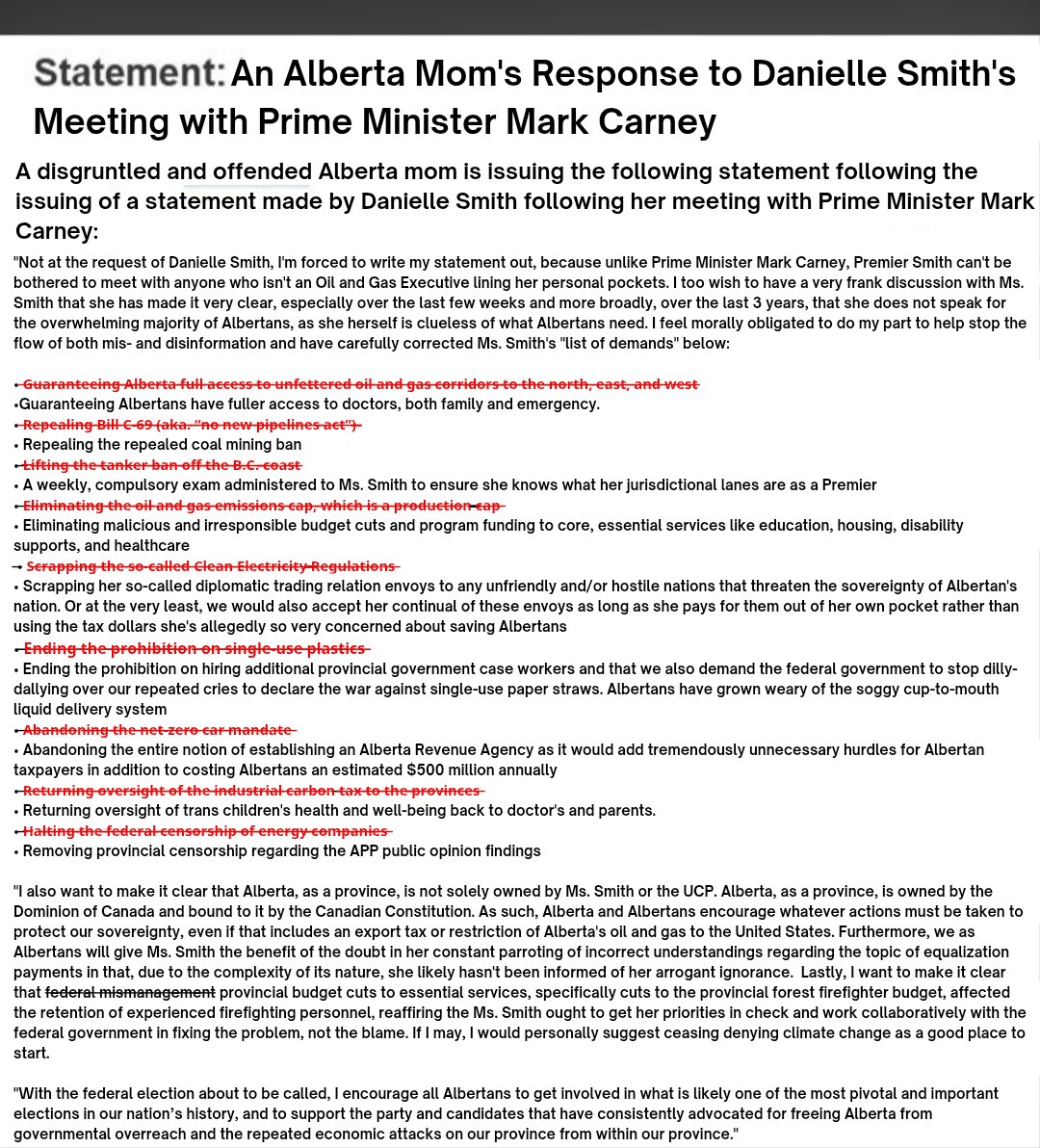 This showed up on one of my social feeds, "An Alberta Mom's Response to Danielle Smith's Meeting with Prime Minister Mark Carney."