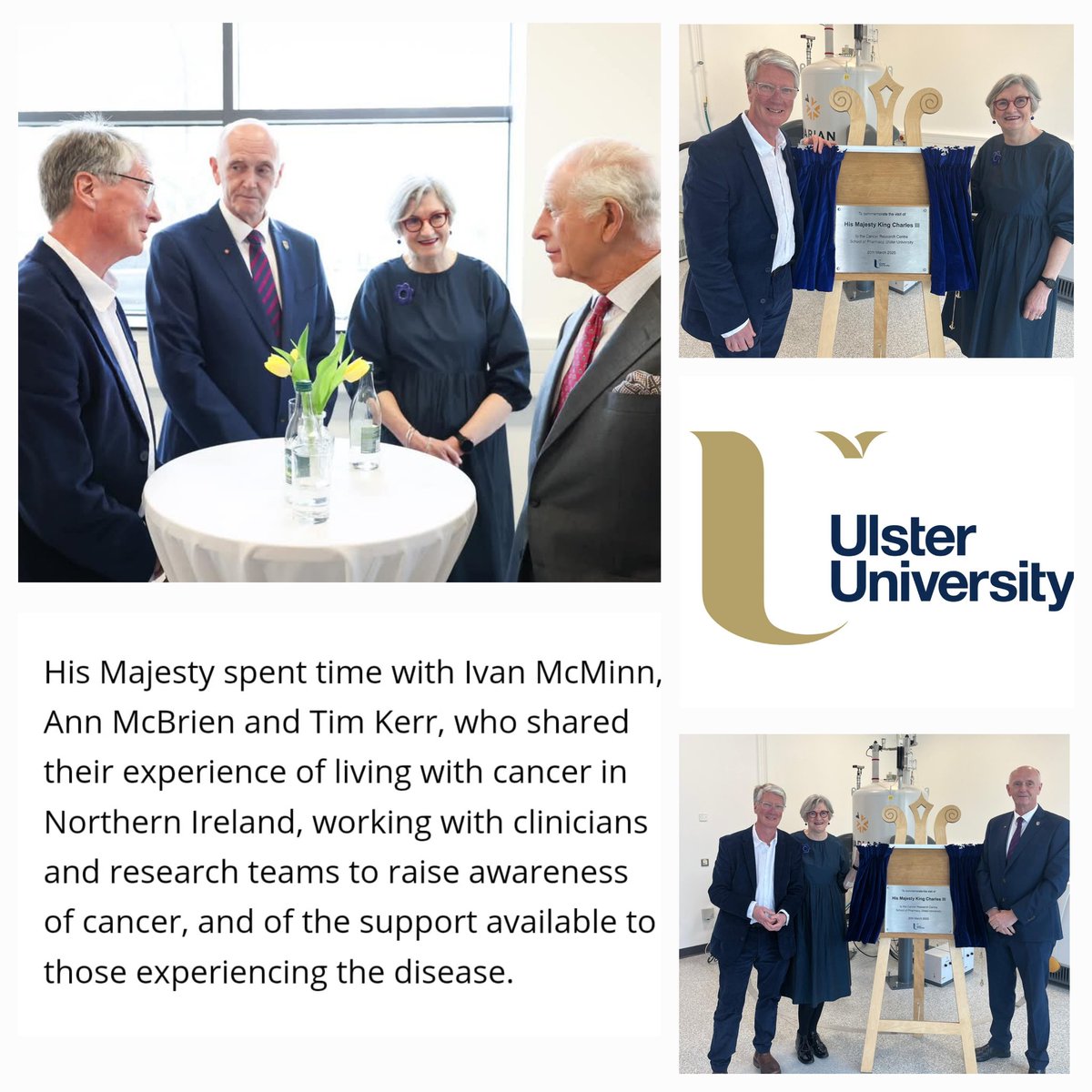 It was a privledge for <a href="/Scrabo12/">Tim Kerr (also @trfkerr. bsky. social)</a>, Ivan &amp; myself to meet His Majesty at <a href="/UlsterUni/">Ulster University</a> to discuss:
•how cancer research has made a difference in our lives
•why we work as patient advocates with researchers,policy makers, clinicians &amp; charities to improve cancer services.
#100YourWay