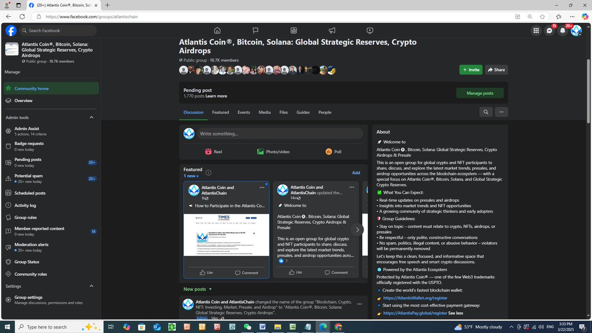 📣 Facebook Group Rename Notice 💸🔥🚀 The Atlantis Ecosystem Facebook  group has been officially renamed to: Atlantis Coin®️, Bitcoin, Solana:  Global Strategic Reserves, Crypto Airdrops & Presale This group is powered  by