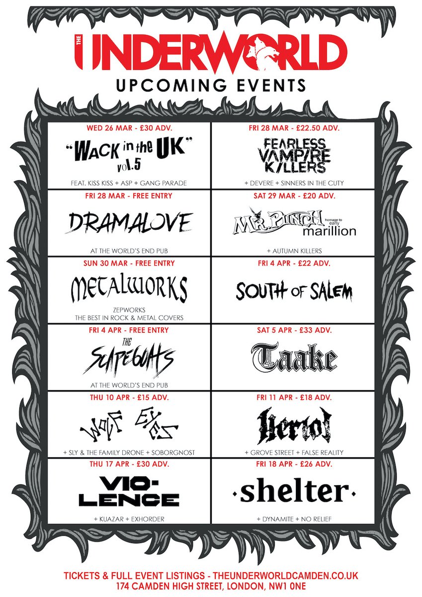The Underworld (@theunderworld) on Twitter photo INCOMING & 12 NEW ๐คโก๏ธ bit.ly/UWMS0323
๐ธ @KissKiss_Idol <a href="/ASP_idol/">ASP official</a> @Gang_Parade @FVkillers <a href="/Punch_Marillion/">Mr.Punch</a> <a href="/SouthOfSalem1/">South Of Salem</a> @HERIOTmetal
๐ฃ <a href="/Big_O_cean/">Big Ocean_official</a> <a href="/JohnnieGuilbert/">Johnnie Guilbert</a> <a href="/DesolatedMLVLTD/">Desolated</a> @SnotMusic @TheBrowningBand @BabylonAD_band @DankoJones
๐ theunderworldcamden.co.uk INCOMING & 12 NEW ๐คโก๏ธ bit.ly/UWMS0323
๐ธ @KissKiss_Idol <a href="/ASP_idol/">ASP official</a> @Gang_Parade @FVkillers <a href="/Punch_Marillion/">Mr.Punch</a> <a href="/SouthOfSalem1/">South Of Salem</a> @HERIOTmetal
๐ฃ <a href="/Big_O_cean/">Big Ocean_official</a> <a href="/JohnnieGuilbert/">Johnnie Guilbert</a> <a href="/DesolatedMLVLTD/">Desolated</a> @SnotMusic @TheBrowningBand @BabylonAD_band @DankoJones
๐ theunderworldcamden.co.uk