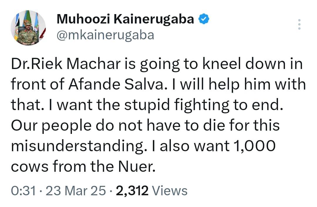 Excellencies, I hope you are following these confessions by Uganda's Chief of Defence forces.

We urge you to use your good offices and do the needful to bring such careless behaviour and Uganda to order. 

<a href="/antonioguterres/">António Guterres</a> <a href="/PaulKagame/">Paul Kagame</a> <a href="/WilliamsRuto/">William Samoei Ruto, PhD</a> <a href="/AbiyAhmedAli/">Abiy Ahmed Ali 🇪🇹</a>

#SSoX