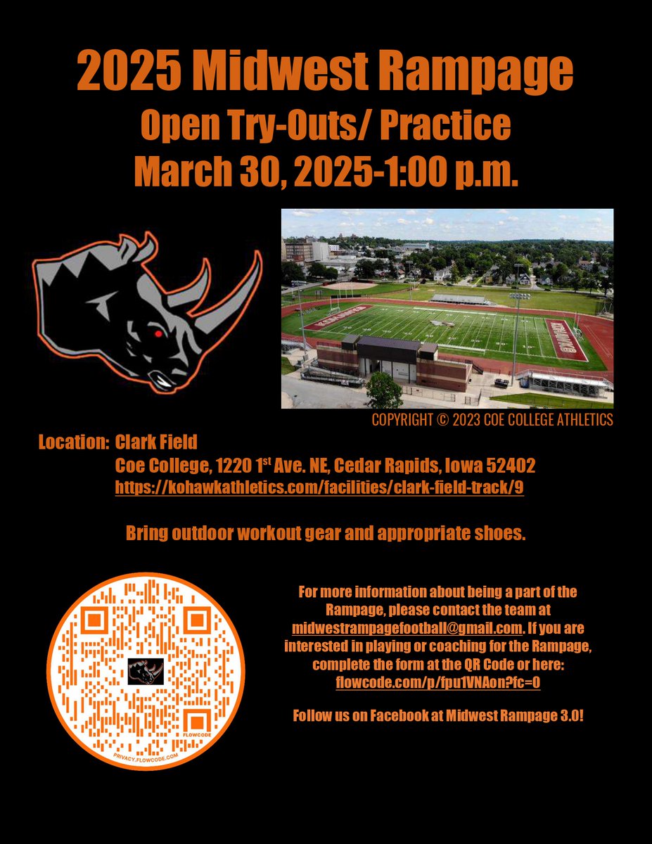 MidwestRampageFB (@mwrampagefb) on Twitter photo Our next team open tryout/practice is Sunday, March 30 at 1:00 p.m. Come check it out!
You can fill out the interested player form at the QR Code, message this page, or contact the team at midwestrampagefootball@gmail.com, if you have any questions. Our next team open tryout/practice is Sunday, March 30 at 1:00 p.m. Come check it out!
You can fill out the interested player form at the QR Code, message this page, or contact the team at midwestrampagefootball@gmail.com, if you have any questions.