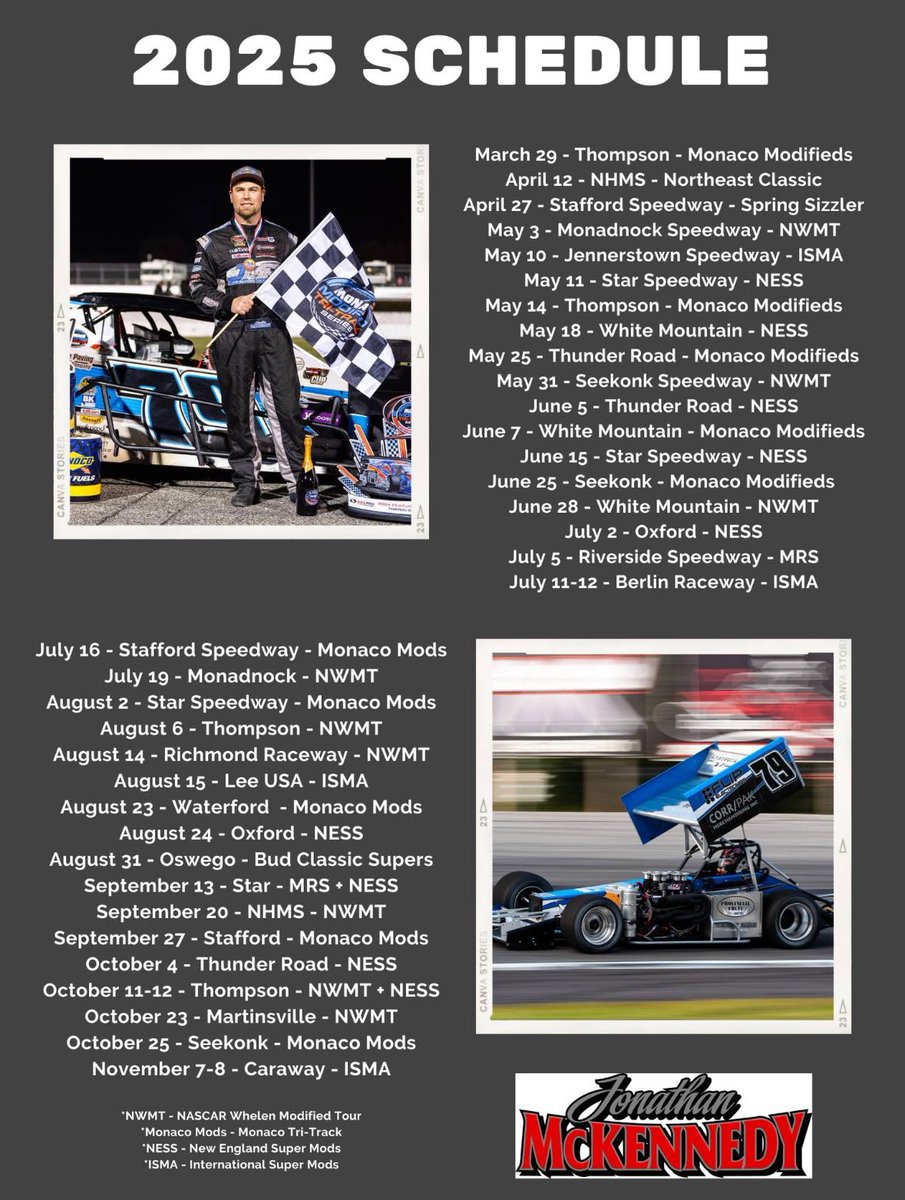 AllThingsSuperm's tweet image. Jon McKennedy 2025 Update ⬇️

@ISMAsupers 
@jtownspeedway 
@BerlinRaceway 
@LeeUSASpeedway 
@carawayspeedway 

NESS
@StarSpeedwayNH 
@ThunderRoadVT 
@OxfordPlains 
@ThompsonSpdwy 
White Mountain

@OswegoSpeedway Classic Weekend

#Supermodifieds