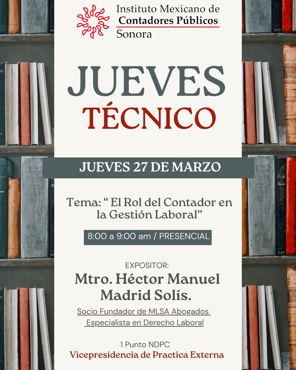 ⭕𝐉𝐮𝐞𝐯𝐞𝐬 𝐓𝐞́𝐜𝐧𝐢𝐜𝐨
✅27 de marzo de 2025.
⏰de 8 a 9 am
✅evento sin costo.
💡presencial
📲registro: forms.gle/vMgJ2witw12Lpm…