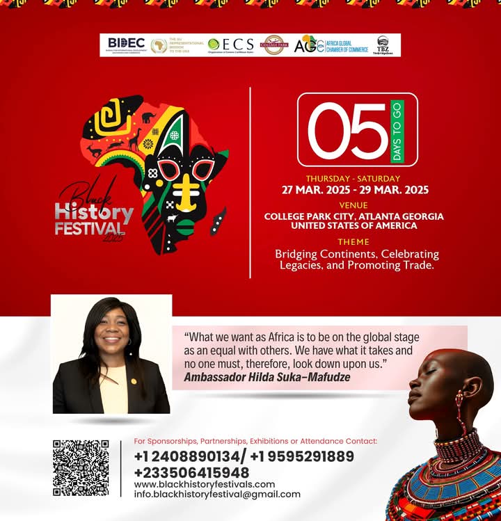 5 DAYS MORE TO THE BLACK HISTORY FESTIVAL 2025!

The countdown continues! Only 5 days left until the 4th Edition of the Black History Festival – a celebration of culture, heritage, trade, development, and innovation.

 Register now: shorturl.at/JDyVD