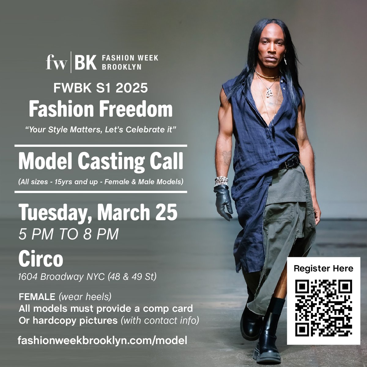 will hold model auditions Tue 3/25/2025 5-7PM @ Circo 1604 Broadway. Women wear high hills. Bring a comp card  fashionweekbrooklyn.com/model <a href="/FashionWeekBK/">FashionWeek Brooklyn</a> &amp; <a href="/BKStyleFound/">BK Style Foundation</a>
