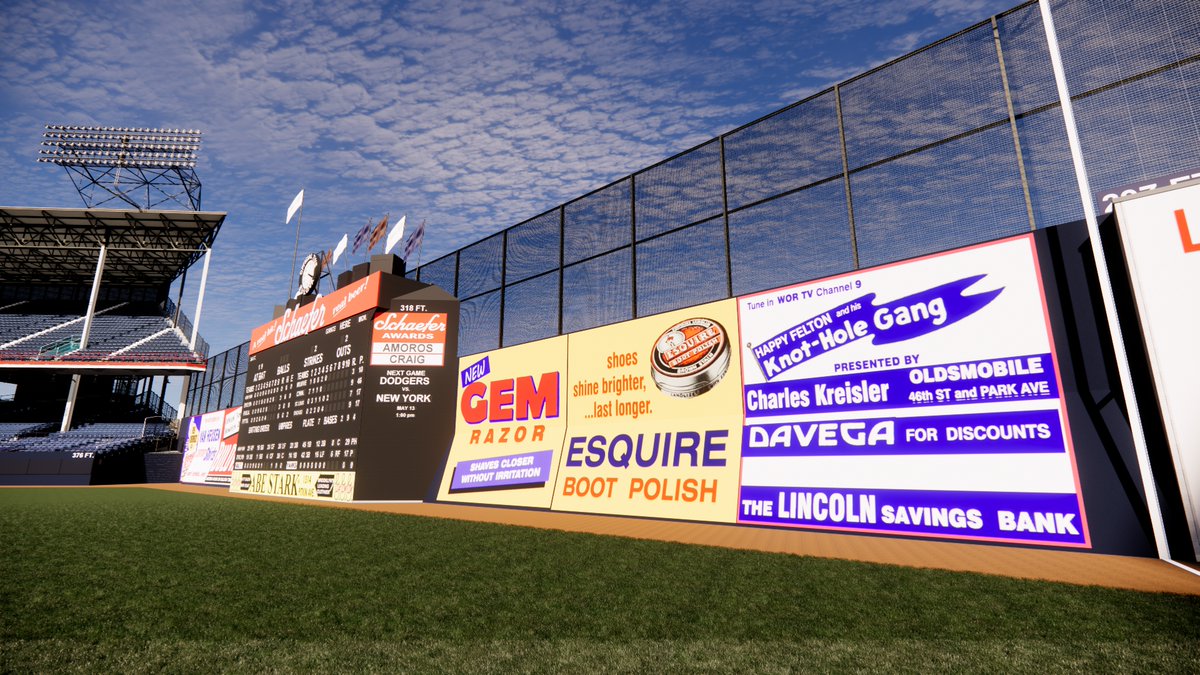 SportsBandbox's tweet photo. The ad panels are now completed in virtual Ebbets Field. The colorful ads integrated with the canted RF wall was a unique and distinctive feature in the old ballpark. #Brooklyn #Dodgers #EbbetsField https://t.co/35U3N4BNje