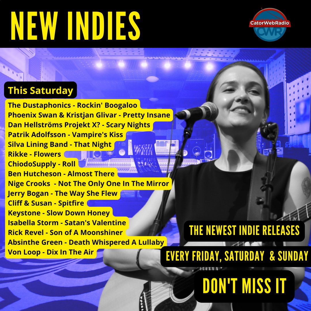 #NowPlaying #NewIndies
#TheDustaphonics
#PhoenixSwan  
Dan Hellströms Projekt X? via <a href="/voicemanmusic/">Roger Östman</a>
#PatrikAdolfsson 
#SilvaLiningBand
#Rikke
#ChiodoSupply 
<a href="/BenHutcheson/">Ben Hutcheson</a>
#NigeCrooks 
Jerry Bogan
<a href="/cliff_and_susan/">Cliff & Susan</a>
#Keystone
#IsabellaStorm
<a href="/rickrevel/">Rick Revel, Entertainer</a>
#AbsintheGreen
<a href="/von_loop/">Von Loop</a>