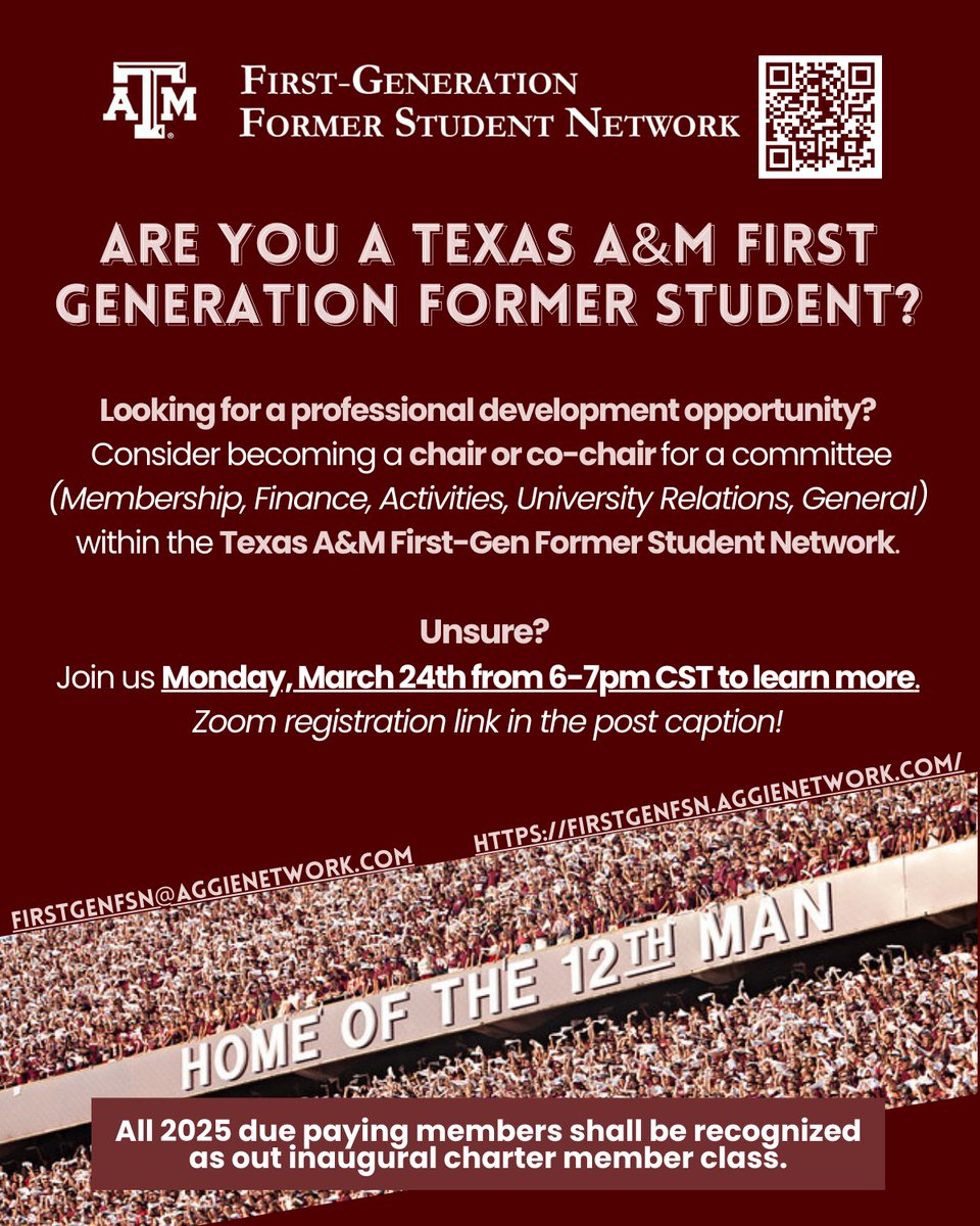 🚨 Attention First-Gen Former Aggies! 🚨
Looking for a professional development opportunity? Join the TAMU First-Gen Former Student Network! 
📅 General Meeting: Monday, March 24th
⏰ 6-7 PM CST (via Zoom)
🔗 Registration link in bio!
Get involved in our growing network!
#GigEm