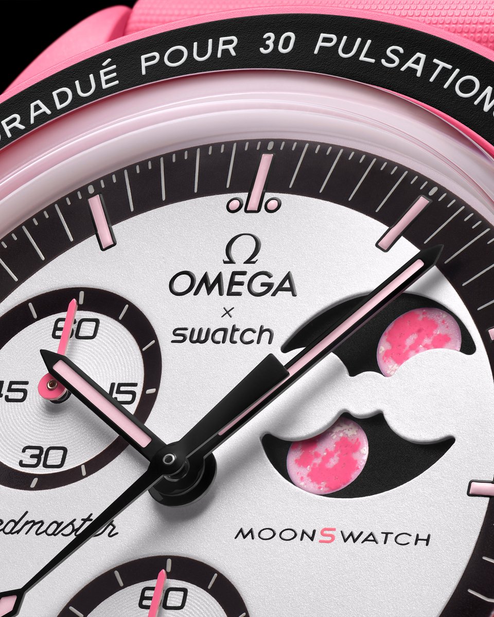 Swatch's tweet photo. MISSION TO THE PINK MOONPHASE captivates with its lunar briliance. Available from April 1 for a limited time. The pink Rolling Planets on social media show you where to find it! #MoonSwatch #OMEGAxSwatch #Swatch

https://t.co/R5EA7rwL9s https://t.co/NX67bTERO0