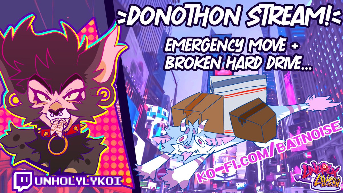 STILL STREAMING!! trying to get the last $$$ we need for emergency move funds and to recover the broken hard drive's content!! 
twitch.tv/unholylykoi/ 
ko-fi.com/batnoise