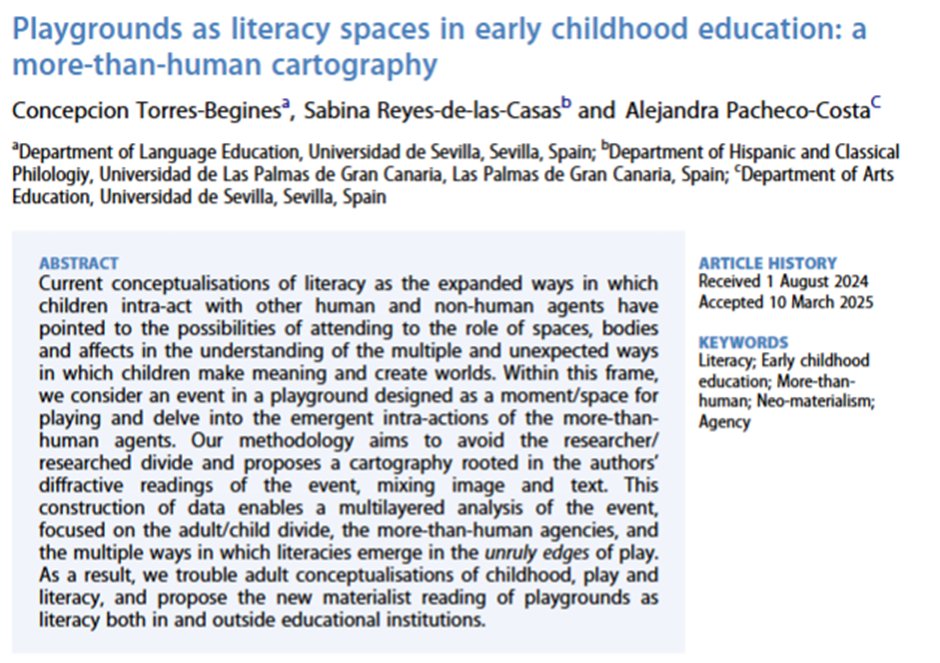 Children's Geographies (@childrensgeogs) on Twitter photo Publication in <a href="/ChildrensGeogs/">Children's Geographies</a> focused on playgrounds as literary spaces in early childhood education #literacy #morethanhuman #earlychildhood
doi.org/10.1080/147332… Publication in <a href="/ChildrensGeogs/">Children's Geographies</a> focused on playgrounds as literary spaces in early childhood education #literacy #morethanhuman #earlychildhood
doi.org/10.1080/147332…
