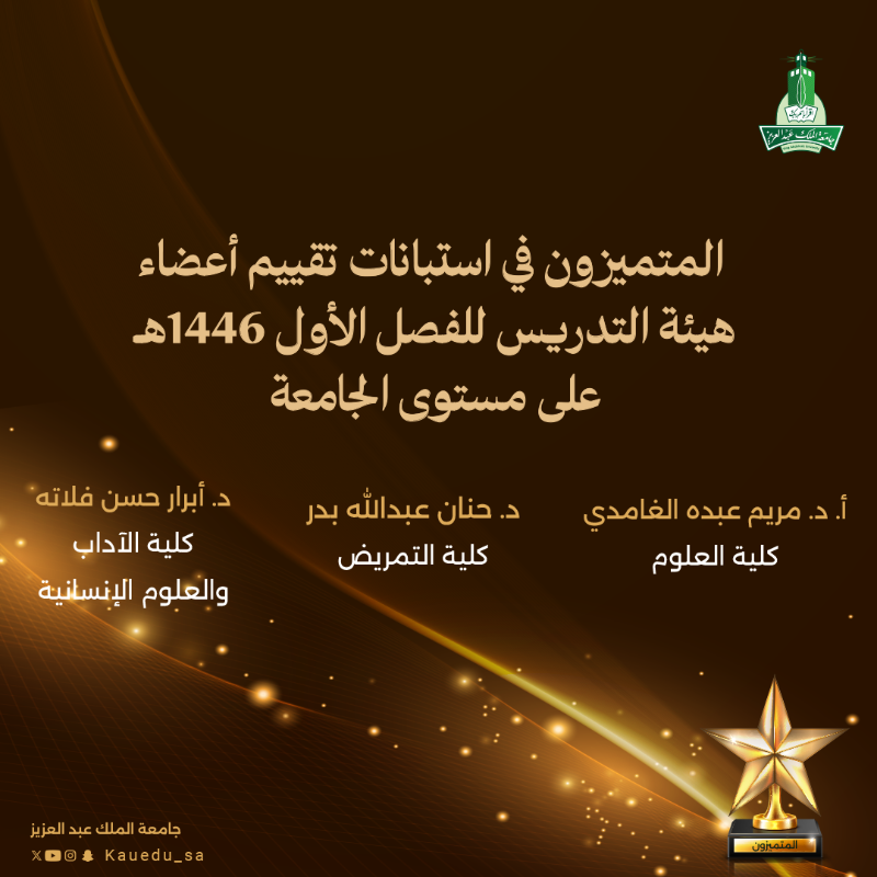 kauedu_sa's tweet photo. #جامعة_الملك_عبدالعزيز : المتميزون في استبانات تقييم أعضاء هيئة التدريس للفصل الأول 1446هـ على مستوى الجامعة
#التميز_الأكاديمي
#هيئة_التدريس
#متميزون_KAU