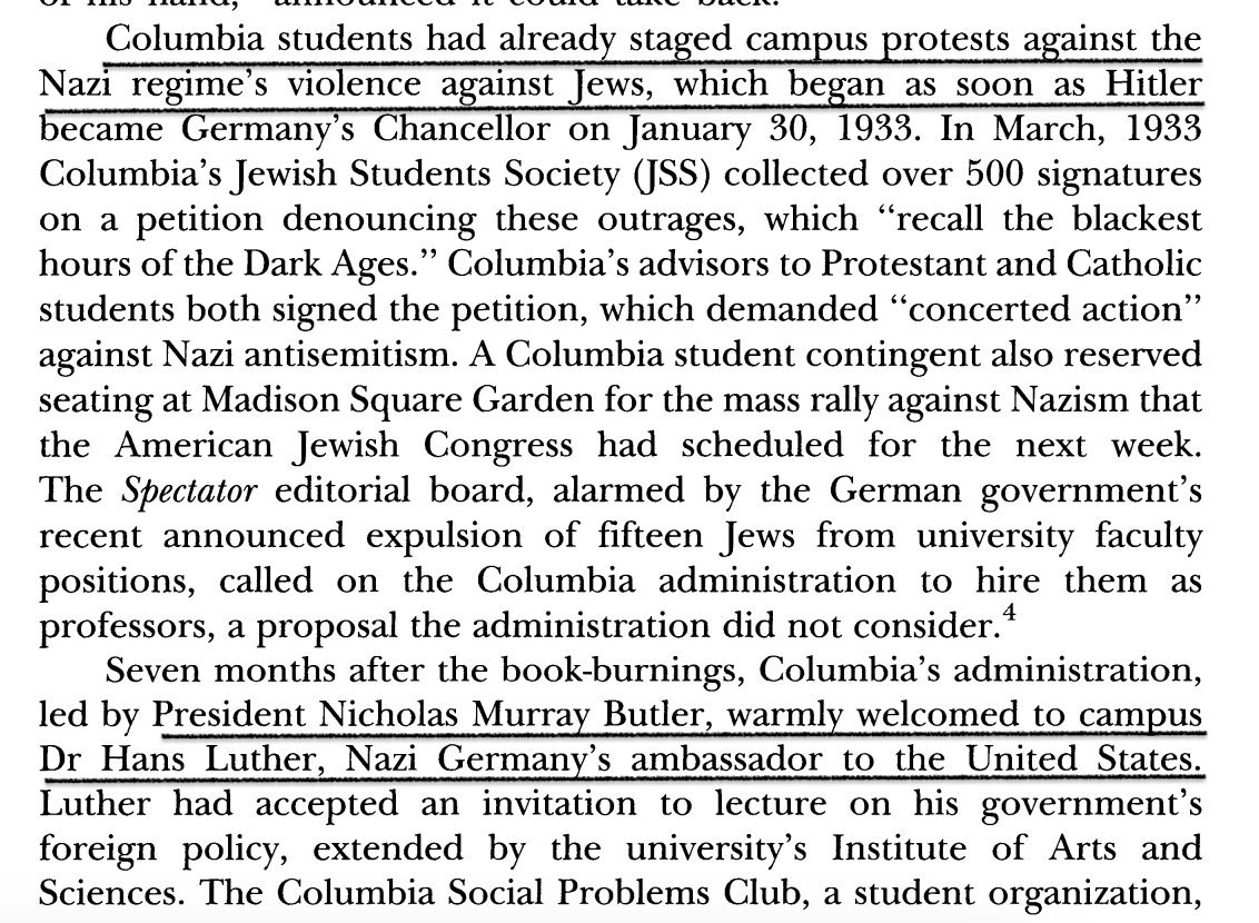 _ZachFoster's tweet photo. In 1933, Columbia students protested Nazi violence against Jews. In response, the Columbia President "warmly welcomed" the antisemitic Nazi ambassador Dr. Hans Luther to campus, who stressed Hitler's "peaceful intentions." https://t.co/JwtagOvfjs

In 2023-5, Columbia students protested Israeli violence against Palestinians. In response, Columbia invited the pro-apartheid pro-genocide ex-Israeli Prime Minister to campus, who stressed Israel was fighting a "just war."  https://t.co/QlMFxtELpq

Why does @Columbia University love genocide so much?