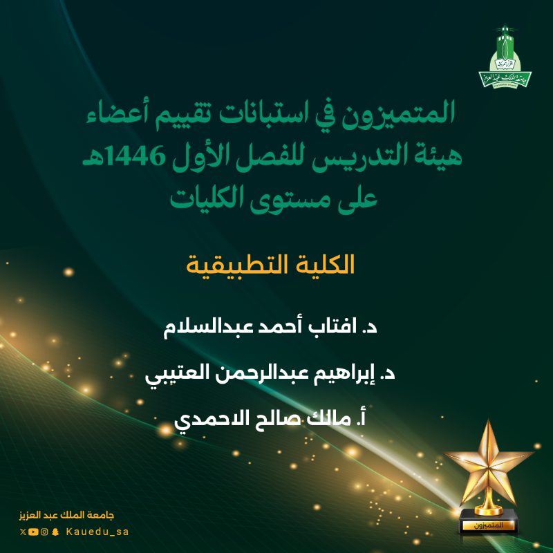kauedu_sa's tweet photo. #جامعة_الملك_عبدالعزيز : المتميزون في استبانات تقييم أعضاء هيئة التدريس للفصل الأول 1446هـ على مستوى الكليات

الكلية التطبيقية
كلية الاتصال والإعلام 
كلية الاقتصاد والإدارة
كلية الأعمال برابغ
كلية الآداب والعلوم الإنسانية

#التميز_الأكاديمي
#هيئة_التدريس
#متميزون_KAU