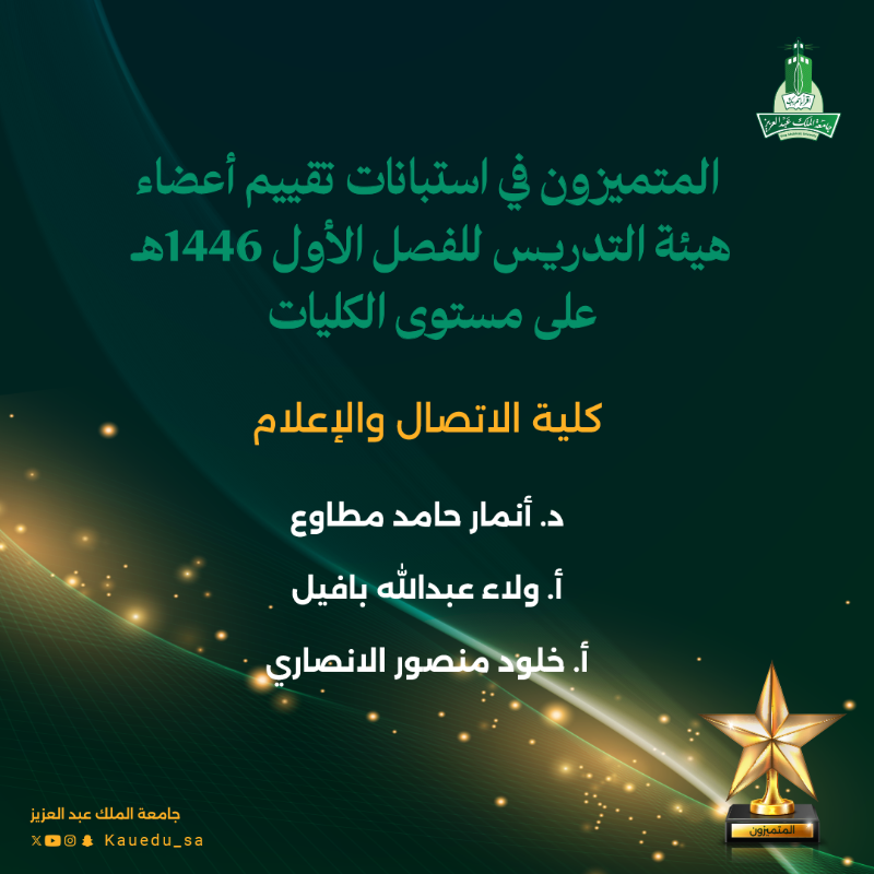 kauedu_sa's tweet photo. #جامعة_الملك_عبدالعزيز : المتميزون في استبانات تقييم أعضاء هيئة التدريس للفصل الأول 1446هـ على مستوى الكليات

الكلية التطبيقية
كلية الاتصال والإعلام 
كلية الاقتصاد والإدارة
كلية الأعمال برابغ
كلية الآداب والعلوم الإنسانية

#التميز_الأكاديمي
#هيئة_التدريس
#متميزون_KAU