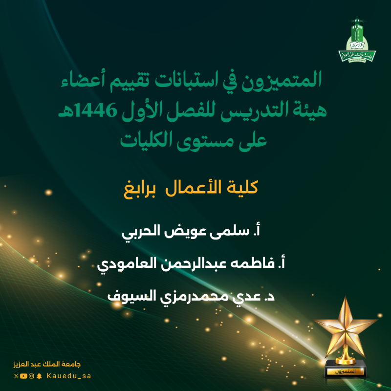 kauedu_sa's tweet photo. #جامعة_الملك_عبدالعزيز : المتميزون في استبانات تقييم أعضاء هيئة التدريس للفصل الأول 1446هـ على مستوى الكليات

الكلية التطبيقية
كلية الاتصال والإعلام 
كلية الاقتصاد والإدارة
كلية الأعمال برابغ
كلية الآداب والعلوم الإنسانية

#التميز_الأكاديمي
#هيئة_التدريس
#متميزون_KAU