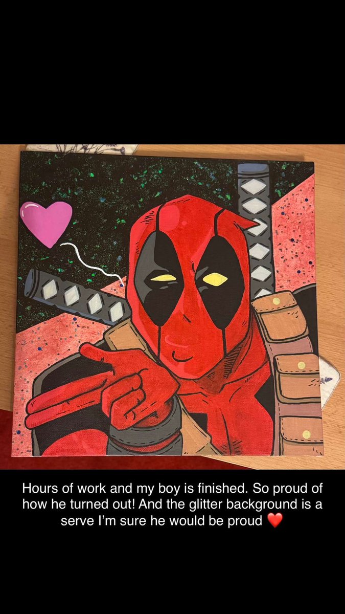 beths_obsessed's tweet photo. Finished painting Deadpool today! Reference image attached and a video to show off the sparkle! https://t.co/wsgMcoqXcT