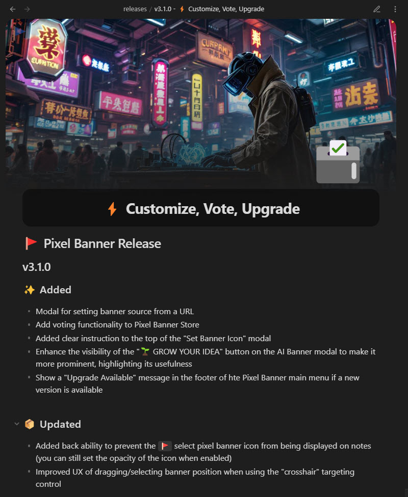 jparkerweb's tweet photo. 🚩 Pixel Banner Release
v3.1.0 - ⚡ Customize, Vote, Upgrade
⇢ ✨ Modal for setting banner source from a URL
⇢ ✨ Add voting functionality to Store
⇢ ✨ "Upgrade Available" message in the footer 
⇢ 📦 Added back ability to hide 🚩Select Pixel Banner icon
#Obsidian #ObsidianMD https://t.co/sUcZnF8AEW