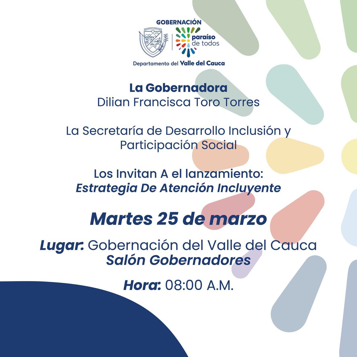 La Dra <a href="/DilianFrancisca/">Dilian Francisca T.</a> #Gobernadora del Valle y los Drs <a href="/KarenRadaRmirez/">karen Rada Ramirez</a> @JERSONCALI invitan al lanzamiento estrategico de Atención Incluyente
Martes 25 de Marzo 2025
Hora 8 am
Salón de Gobernadores Mesanine
<a href="/GobValle/">Gobernación Valle del Cauca</a> 
#CALI #CALICO #CALICOLOMBIA #CALIVALLE #AMÉRICADECALI