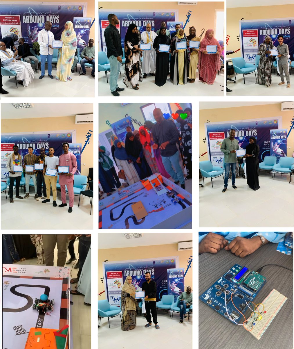 PNUDMauritanie's tweet image. Des compétitions & des défis à relever par l’application des apprentissages en fabrication de robots & en IA pour des solutions de développement marquent la 2e & dernière journée des #ArduinoDays à l’UniPod🇲🇷, clôturée par la remise de certificats🎓, et de prix aux lauréats.