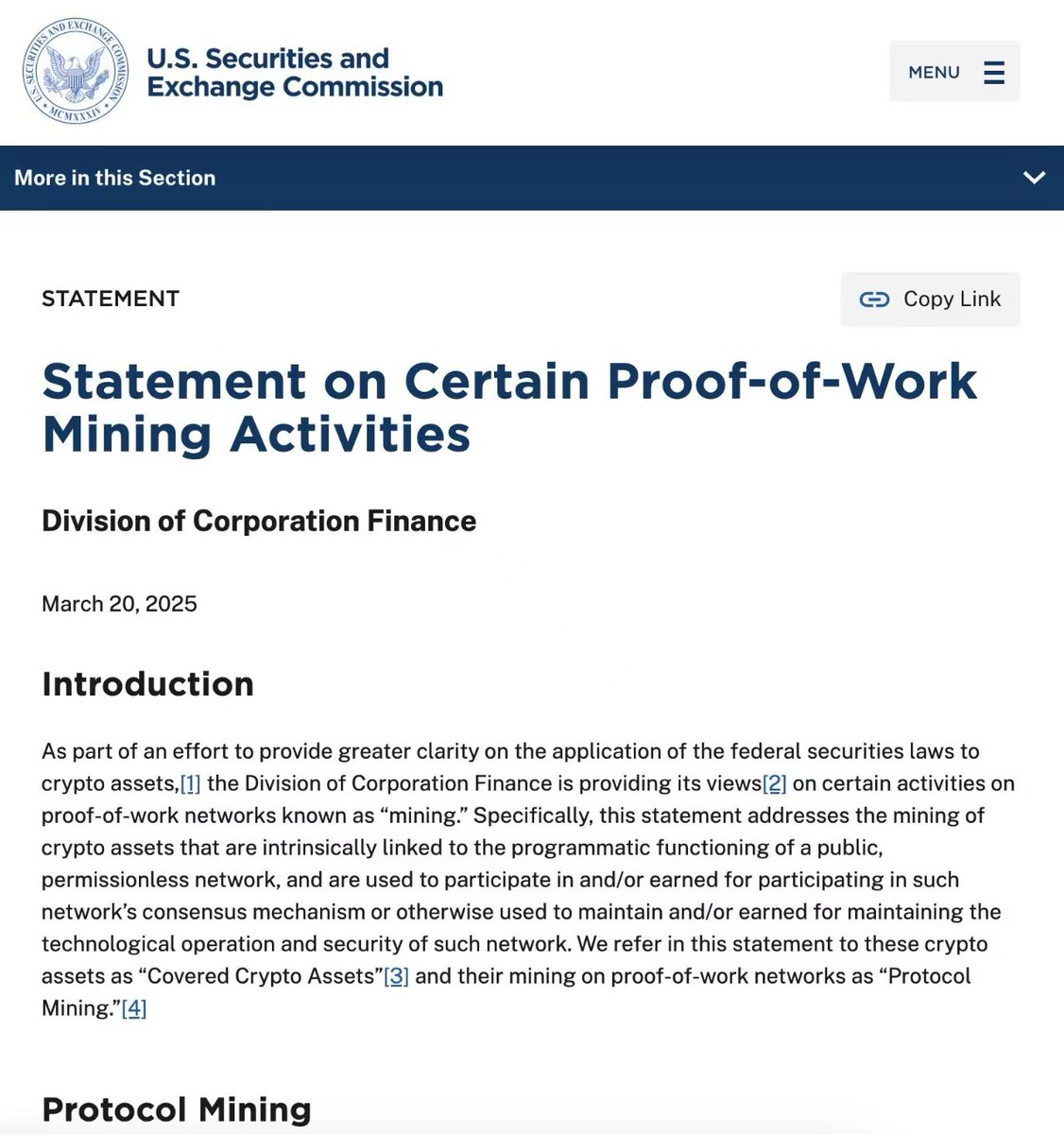 XDAG_Community's tweet image. SEC declares Proof-of-Work (POW) mining, like $BTC $XDAG, not securities.

sec.gov/newsroom/speec…