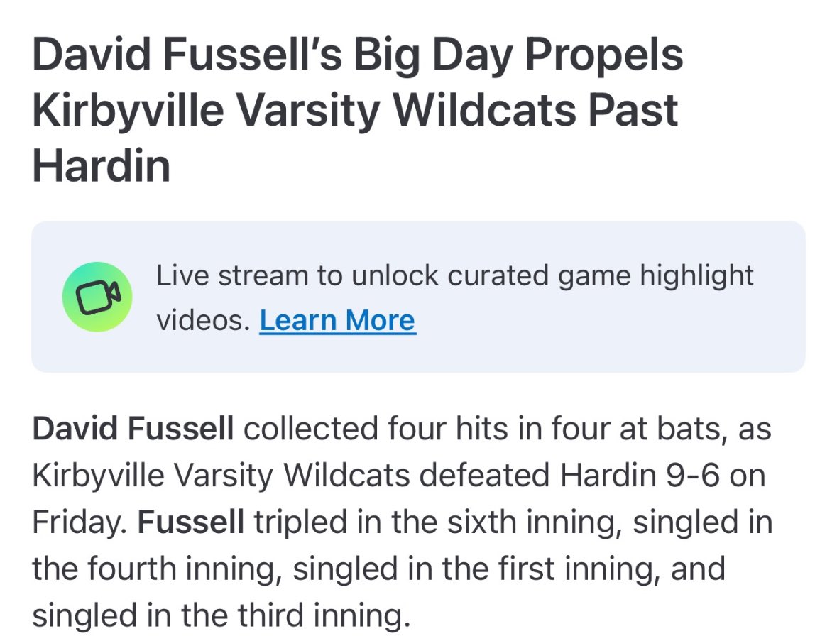 DavidFussell25's tweet photo. Went 4 for 4 at the plate with a triple and 3 singles. Wildcats win!
@Coach_Tb2 @coach_hubbard3 @TheVillebsb @_thevillesports #uncommitted #classof2026 https://t.co/Kh27rqWuwA