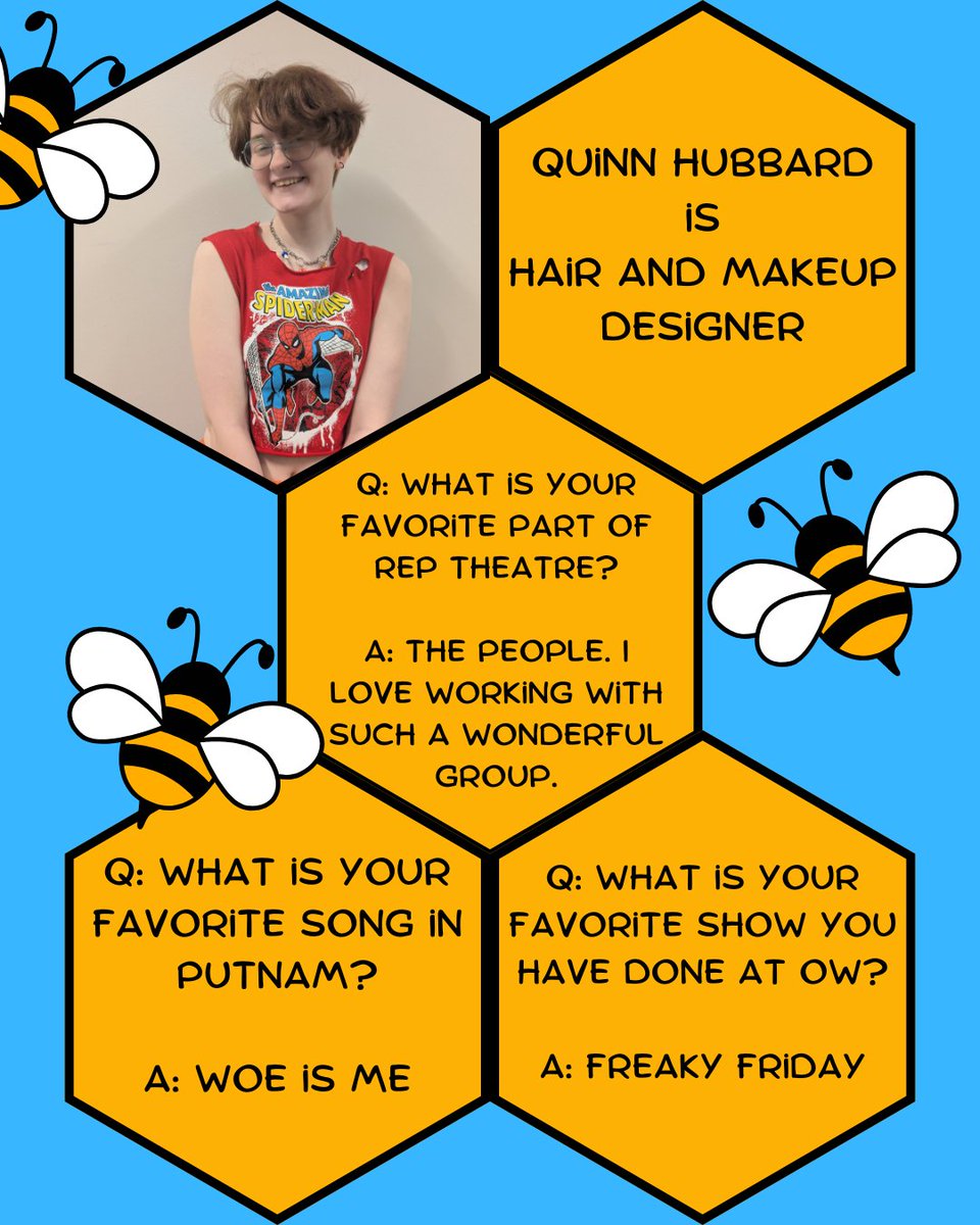 For our next crew spotlight, meet the incredible hair &amp; makeup designer, Quinn Hubbard! Come see Quinn's amazing work next month in The 25th Annual Putnam County Spelling Bee!

Tix at owtheatre.com