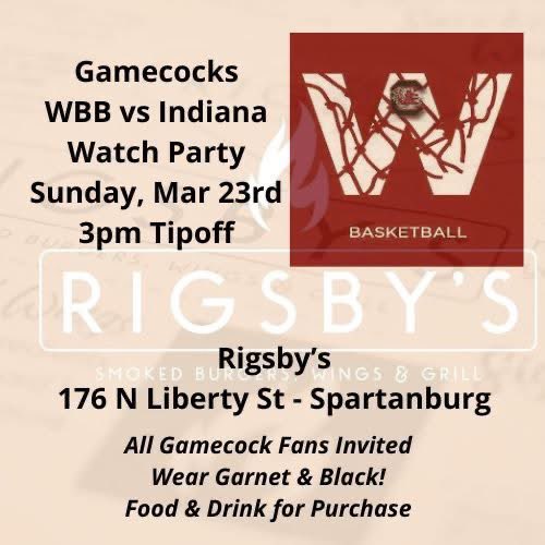 Let’s cheer on <a href="/GamecockWBB/">South Carolina Women's Basketball</a> one more time! Can’t make it to CLA? Join us at Rigsby’s downtown <a href="/OneSptbgInc/">OneSpartanburg, Inc.</a> Sunday to watch with fellow #Gamecocks! <a href="/TheGamecockClub/">The Gamecock Club</a> <a href="/TiffanyErvin/">Tiffany Ervin</a> <a href="/bpruitt10/">Brian Pruitt</a> <a href="/GamecocksOnline/">South Carolina Gamecocks</a>