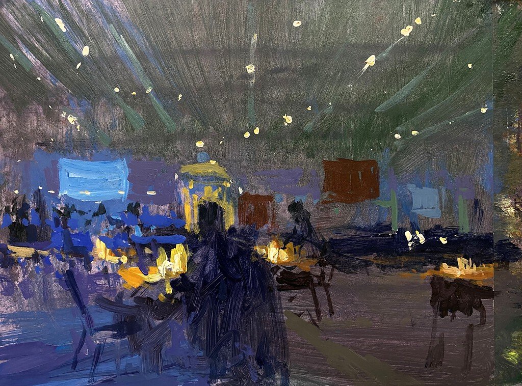 Low light, atmosphere and mood to this interior space by New Jersey artist Joseph  Gyurcsak. This painting is a technical challenge in showing a large candle lit room in the moment of reduced exterior light at dusk. 
'Azure Lounge, Asbury Park'
Acrylic/Panel